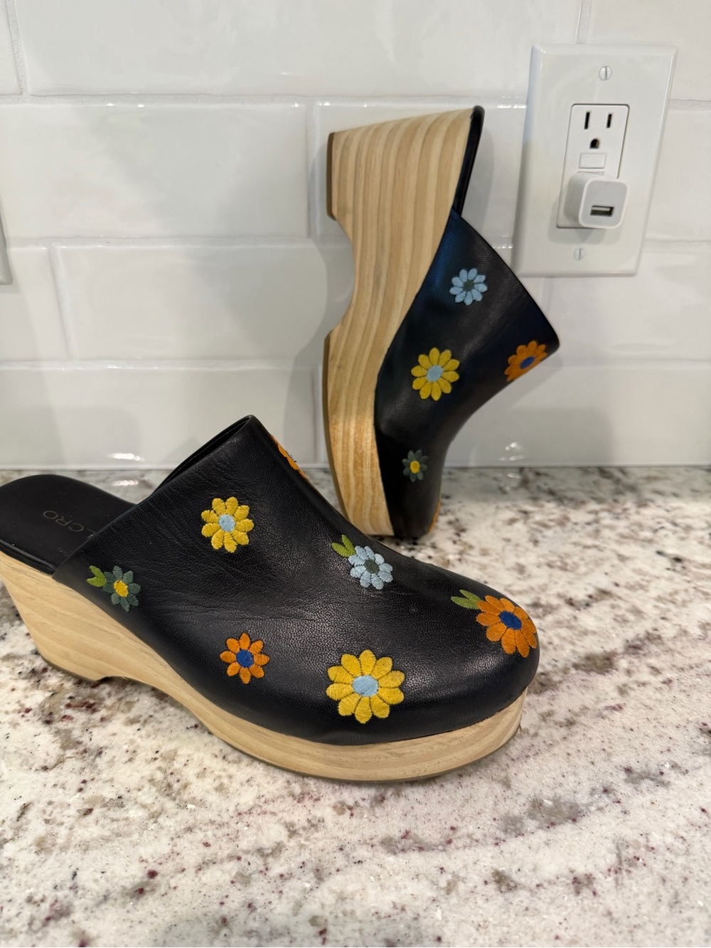 Pilcro Black Slide Sandals with Gold Logo